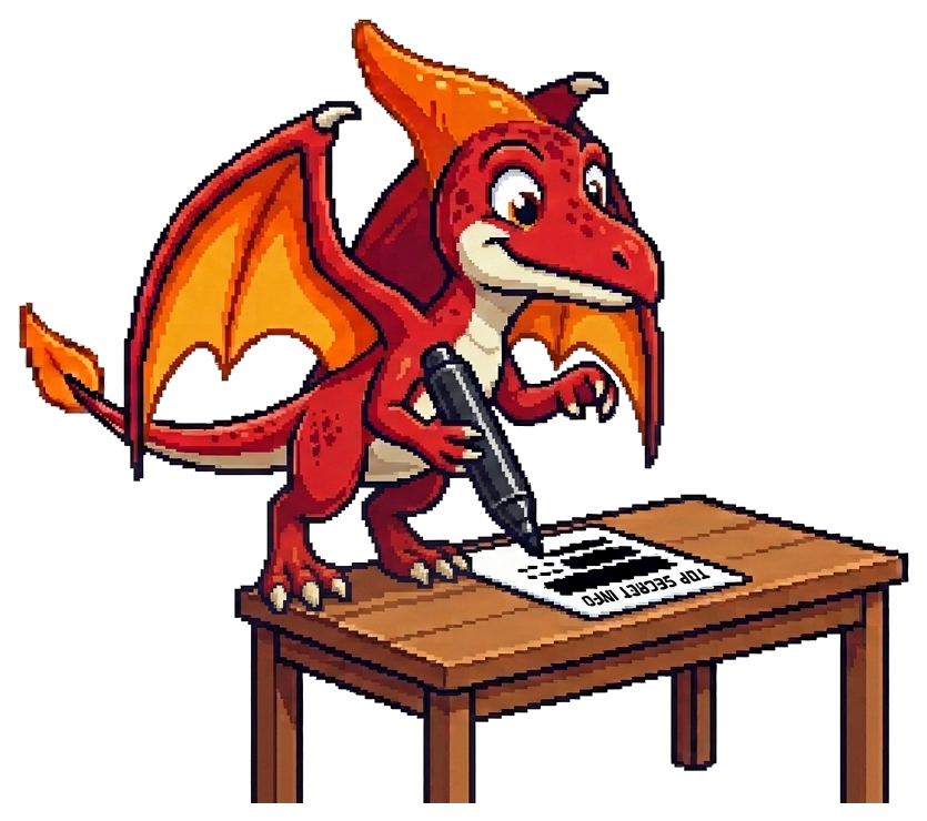 Terry the Pteredactyl, Redactifire's mascot, marking up a document labeled TOP SECRET INFO with a redaction marker.